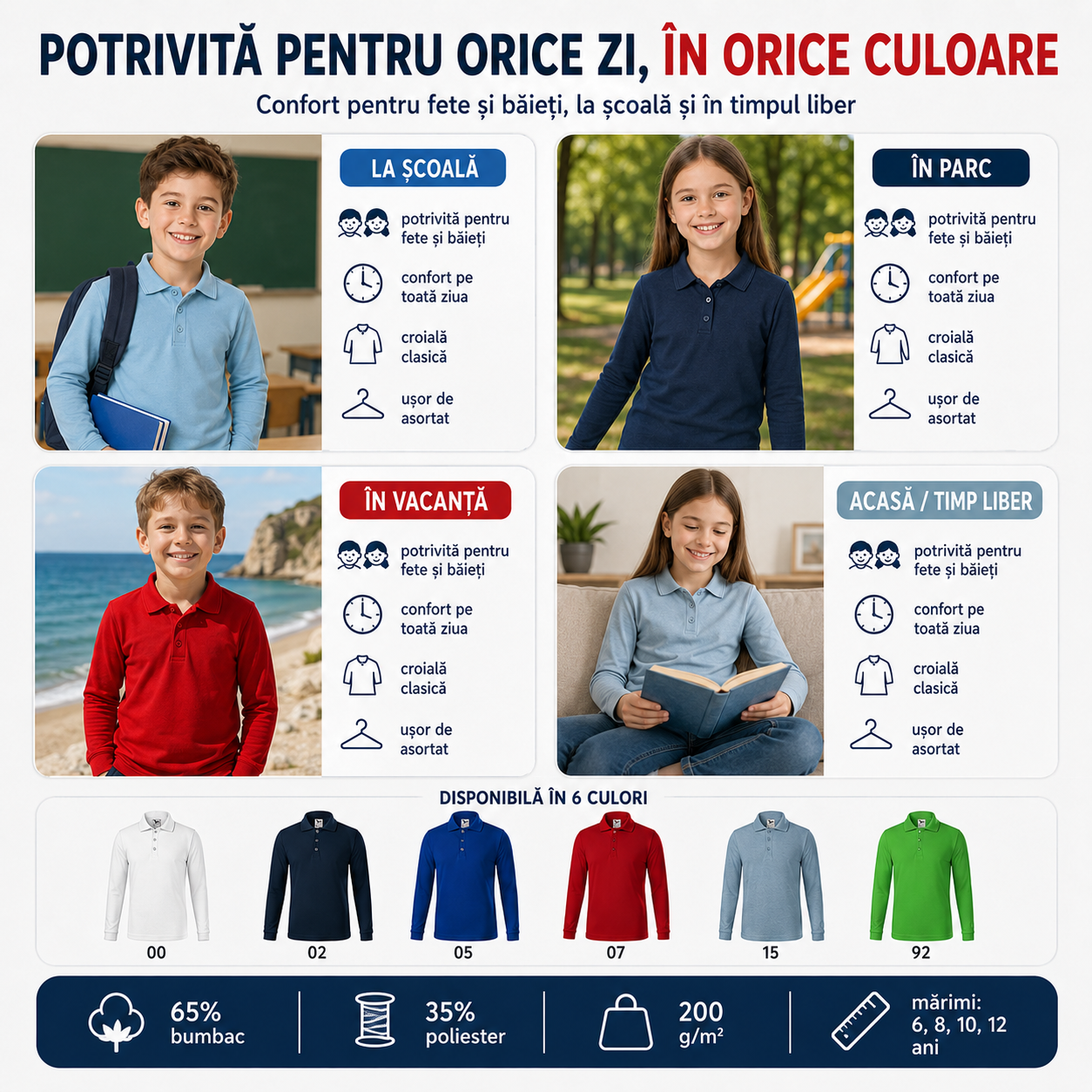 Bluză polo copii cu m&acirc;necă lungă Malfini vedere față spate laterală material 65% bumbac